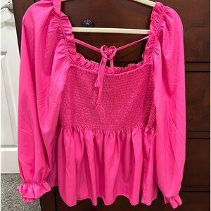 Hot Pink Flounce Sleeve Peplum Blouse